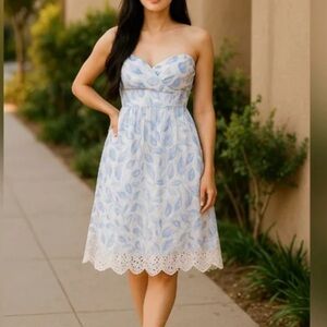 White House Black Market Strapless Dress in Blue and White